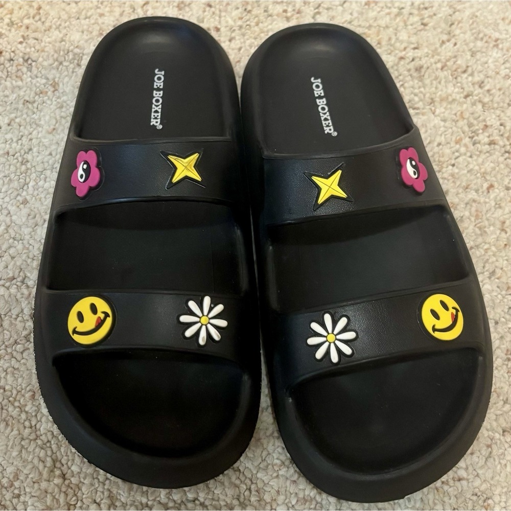 Joe Boxer Women Sz 9 Double Band Emoji Black Slide Sandals Comfort Whimsy